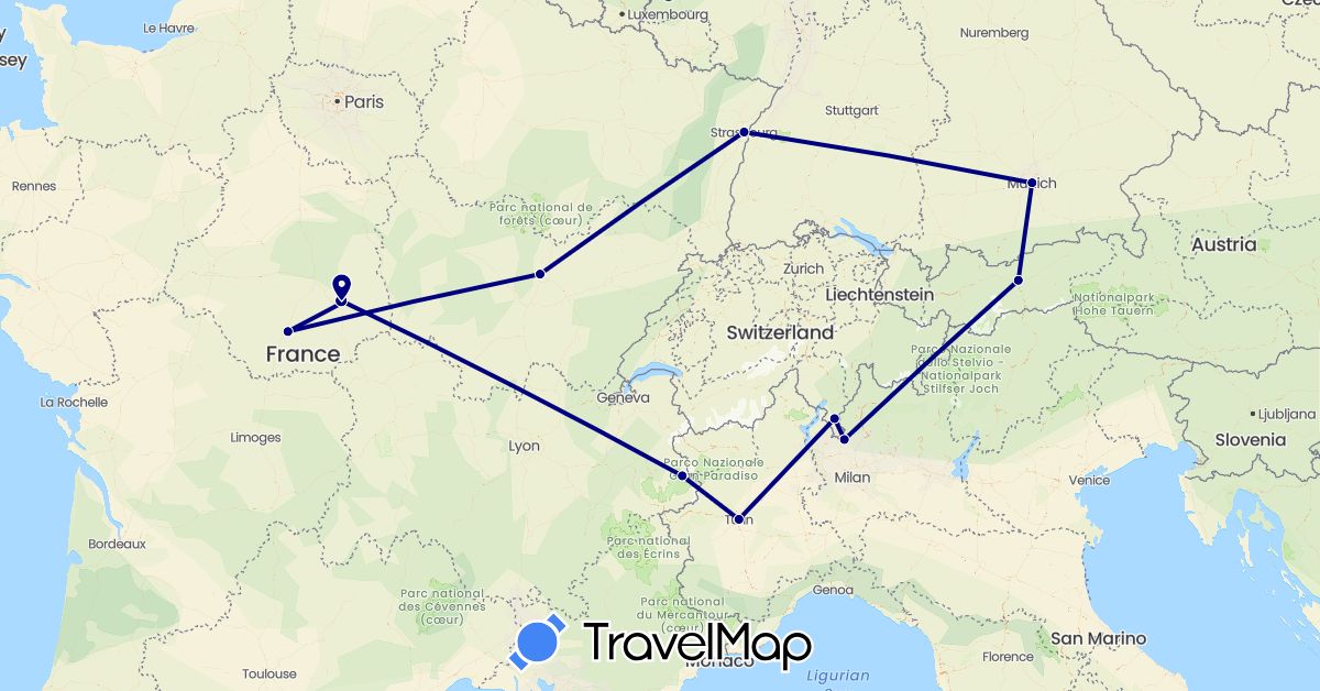 TravelMap itinerary: driving in Austria, Switzerland, Germany, France, Italy (Europe)